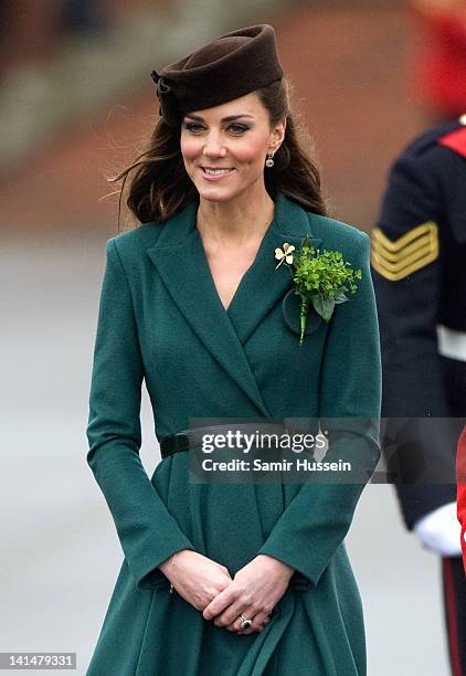 Catherine, Duchess of Cambridge takes part in a St Patrick's Day parade as she visits Aldershot Barracks on St Patrick's Day on March 17, 2012 in...