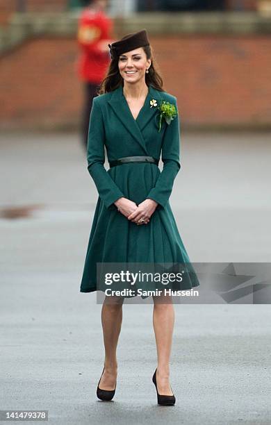 Catherine, Duchess of Cambridge takes part in a St Patrick's Day parade as she visits Aldershot Barracks on St Patrick's Day on March 17, 2012 in...