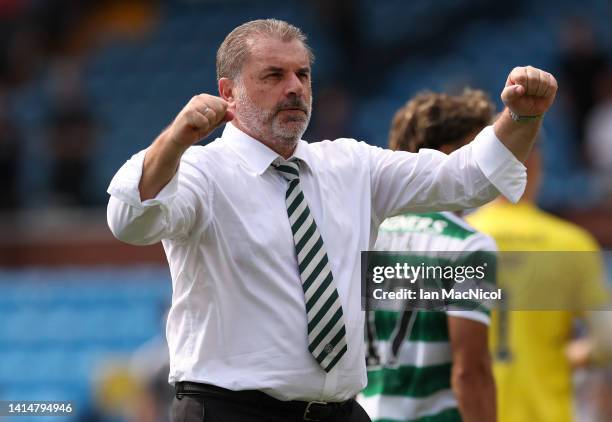 Celtic manager Ange Postecoglou celebrates at the end of the game during the Cinch Scottish Premiership match between Kilmarnock FC and Celtic FC at...