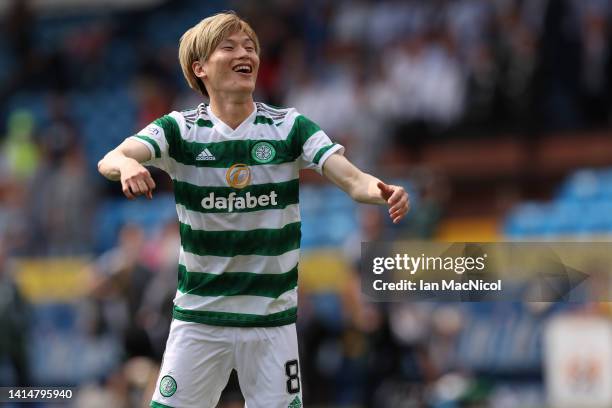 Kyogo Furuhashi of Celtic celebrates at full time during the Cinch Scottish Premiership match between Kilmarnock FC and Celtic FC at on August 14,...
