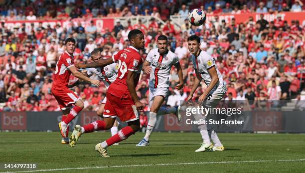 Middlesbrough player Chuba Akpom heads in the second Boro goal during the Sky Bet Championship between Middlesbrough and Sheffield United at...