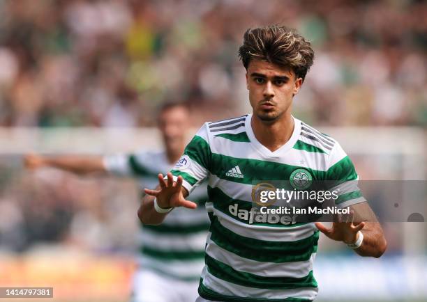 Joao Pedro Neves Filipe of Celtic celebrates after he scores his team's second goal during the Cinch Scottish Premiership match between Kilmarnock FC...
