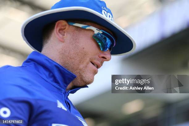 Eoin Morgan of London Spirit looks on during The Hundred match between Northern Superchargers Men and London Spirit Men at Headingley on August 14,...