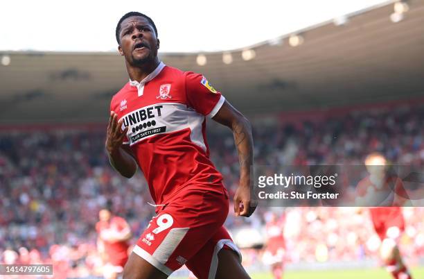 Middlesbrough player Chuba Akpom celebrates after scoring the second Boro goal during the Sky Bet Championship between Middlesbrough and Sheffield...