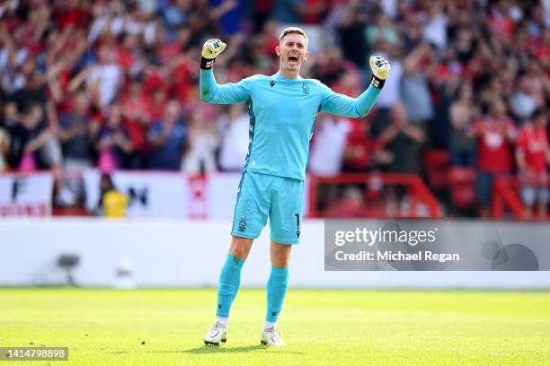 Dean Henderson of Nottingham Forest celebrates their sides victory after the Premier League match between Nottingham Forest and West Ham United at...