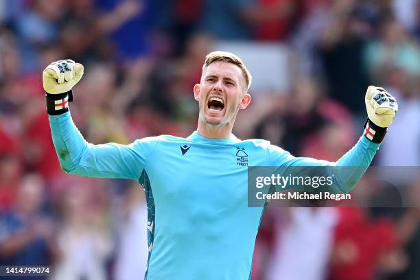 Dean Henderson of Nottingham Forest celebrates their sides victory after the Premier League match between Nottingham Forest and West Ham United at...