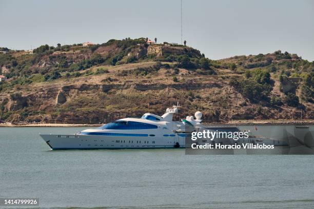 Cayman Islands registered superyacht Yas, owned by Emirati politician and royal Hamdan bin Zayed bin Sultan Al Nahyan, sails the Tagus River on her...