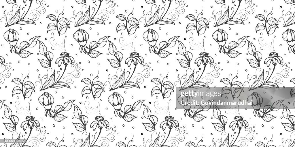 Floral seamless pattern, black and white fiddle leaf fig on white background, line art ink drawing