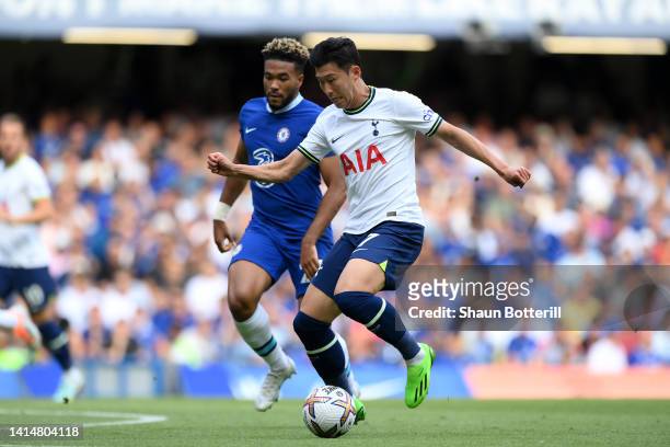 Son Heung-Min of Tottenham Hotspur is challenged by Reece James of Chelsea during the Premier League match between Chelsea FC and Tottenham Hotspur...