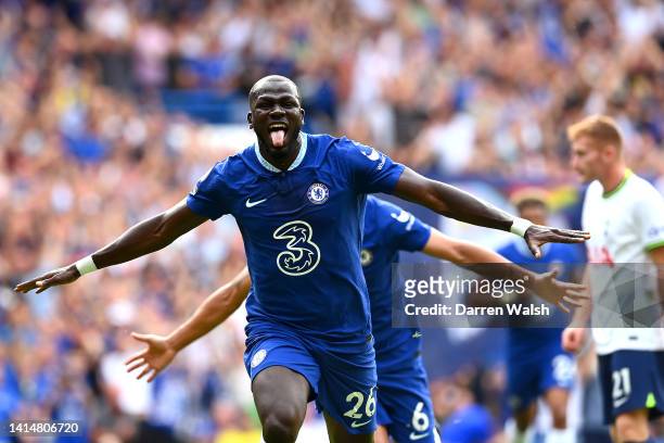 Kalidou Koulibaly of Chelsea celebrates after scoring their side's first goal during the Premier League match between Chelsea FC and Tottenham...