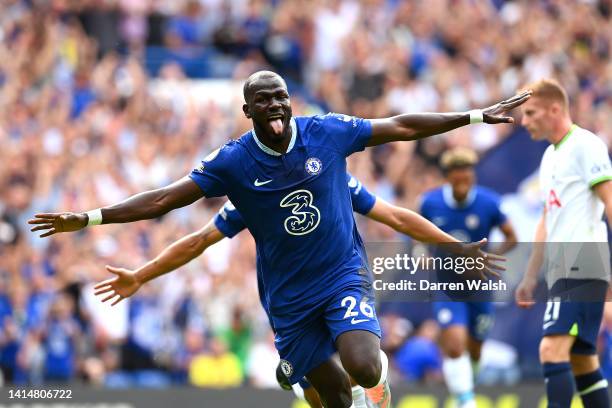 Kalidou Koulibaly of Chelsea celebrates after scoring their side's first goal during the Premier League match between Chelsea FC and Tottenham...