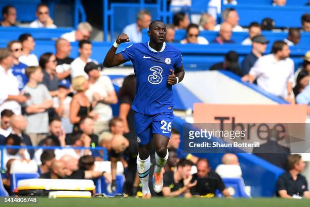 Kalidou Koulibaly of Chelsea celebrates after scoring their sides first goal during the Premier League match between Chelsea FC and Tottenham Hotspur...