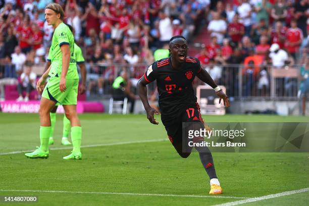 Sadio Mane of Bayern Munich celebrates their sides goal which is later ruled offside by VAR during the Bundesliga match between FC Bayern München and...