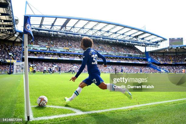 Marc Cucurella of Chelsea takes their sides corner during the Premier League match between Chelsea FC and Tottenham Hotspur at Stamford Bridge on...