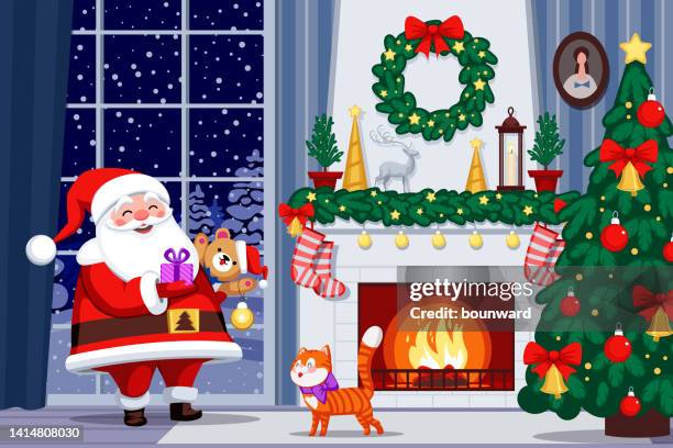 stockillustraties, clipart, cartoons en iconen met santa claus with christmas tree. decorated interior with fireplace. - binnenopname