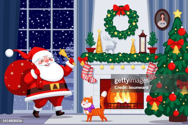 santa claus with christmas tree. decorated interior with fireplace. - bow window stock illustrations