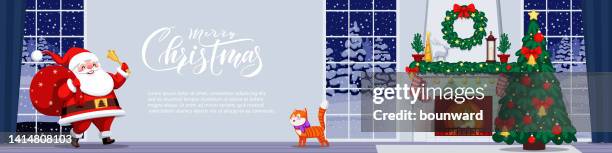 santa claus with christmas tree. decorated interior with fireplace. - bow window stock illustrations