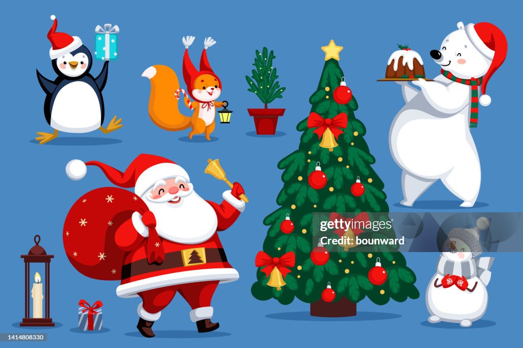 Set von Weihnachtsdekorationselementen und Charakteren.