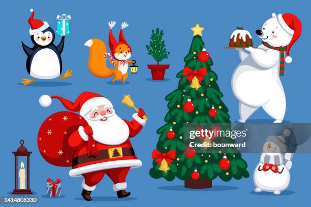 illustrazioni stock, clip art, cartoni animati e icone di tendenza di set di elementi decorativi natalizi e personaggi. - babbo natale