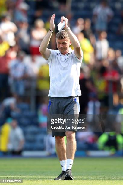 Blackburn Rovers manager Jon Dahl Tomasson applauds the fans during the Sky Bet Championship between Blackburn Rovers and West Bromwich Albion at...