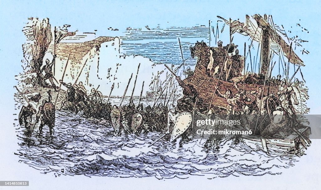 Old engraved illustration of Leif Ericson off the coast of Vineland