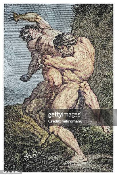 old engraved illustration of hercules and antaeus - zeus stock pictures, royalty-free photos & images