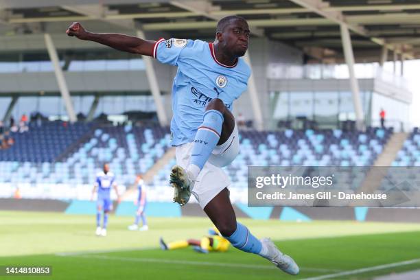 Carlos Borges of Manchester City celebrates after scoring his side's first goal during the Premier League 2 match between Manchester City and...