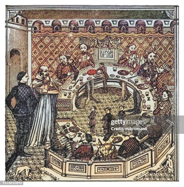 old engraved illustration of king arthur and his round table - excalibur stock-fotos und bilder