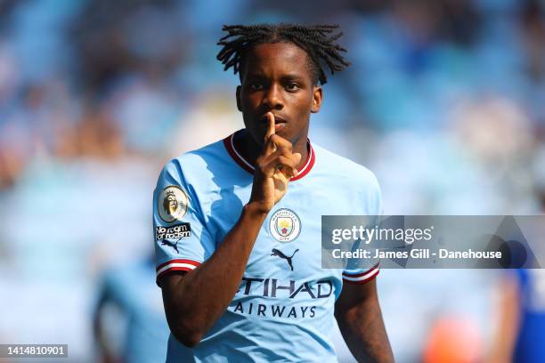 Adedire Medube of Manchester City celebrates after scoring his side's second goal during the Premier League 2 match between Manchester City and...