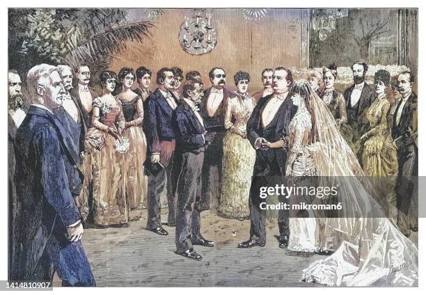 old engraved illustration of the ceremony at grover cleveland's marriage - grover stock pictures, royalty-free photos & images