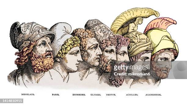 old engraved illustration of trojan war heroes: menelaus, paris, diomedes, odysseus, nestor, achilles, agamemnon - homer stock pictures, royalty-free photos & images