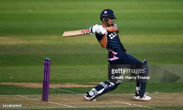 Max Holden of Middlesex plays a shot during the Royal London One Day Cup match between Somerset and Middlesex at The Cooper Associates County Ground...