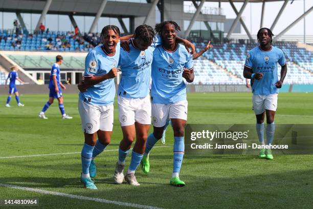 Jadel Katongo of Manchester City celebrates with teammates after scoring his side's third goalduring the Premier League 2 match between Manchester...