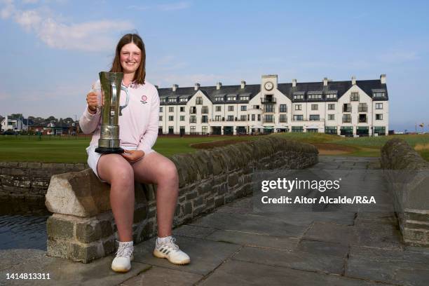 Lottie Woad of Farnham poses with The Girls' Amateur Championship trophy during Day Seven of The Girls' Amateur Championship at Carnoustie Golf Links...