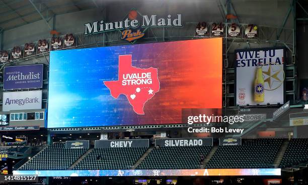 Members of the community of Uvalde, TX attend the game as the Houston Astros host Uvalde Strong Day before the game against the Oakland Athletics at...