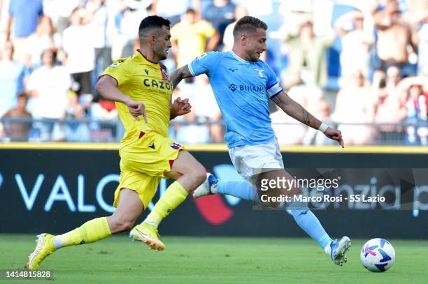 Ciro Immobile of SS Lazio kicks the ball during the Serie A match between SS Lazio and Bologna FC at Stadio Olimpico on August 14, 2022 in Rome, Ital...