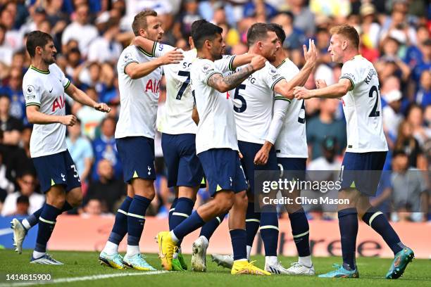 Pierre-Emile Hojbjerg of Tottenham Hotspur celebrates with team mates after scoring their sides first goal during the Premier League match between...