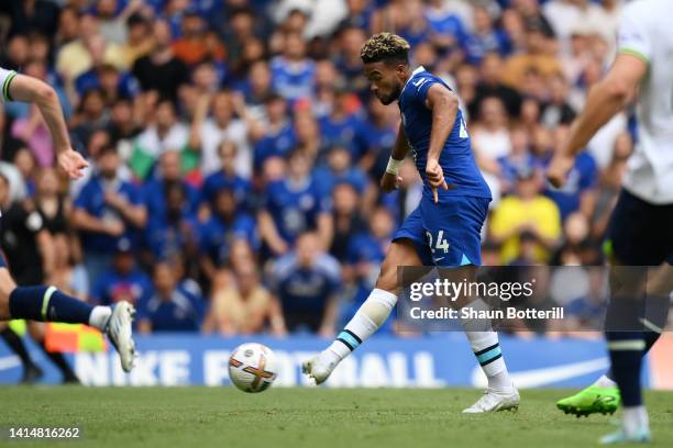 Reece James of Chelsea scores their sides second goal during the Premier League match between Chelsea FC and Tottenham Hotspur at Stamford Bridge on...