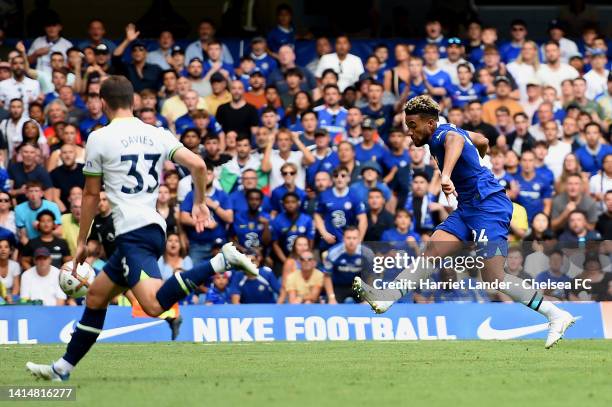 Reece James of Chelsea scores their sides second goal during the Premier League match between Chelsea FC and Tottenham Hotspur at Stamford Bridge on...