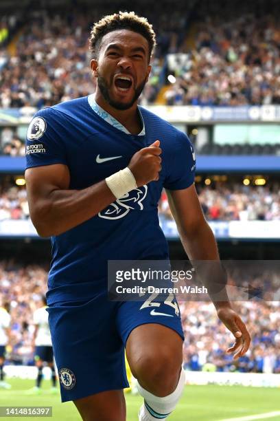 Reece James of Chelsea celebrates after scoring their sides second goal during the Premier League match between Chelsea FC and Tottenham Hotspur at...