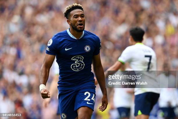 Reece James of Chelsea celebrates after scoring their sides second goal during the Premier League match between Chelsea FC and Tottenham Hotspur at...