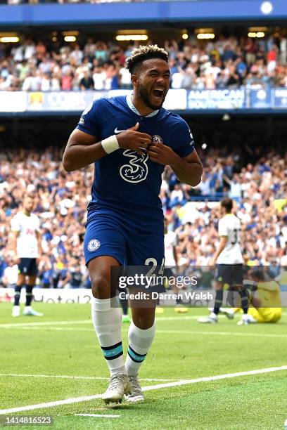 Reece James of Chelsea celebrates after scoring their sides second goal during the Premier League match between Chelsea FC and Tottenham Hotspur at...