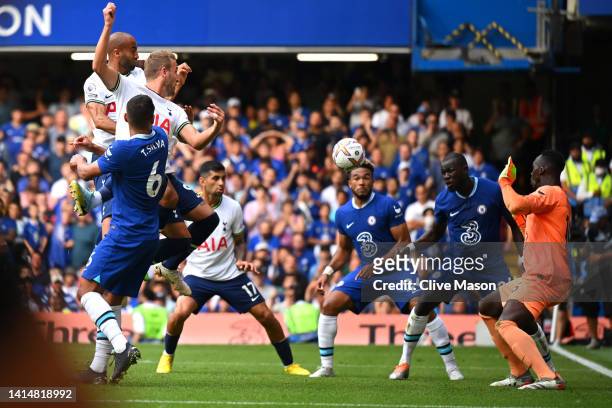 Harry Kane of Tottenham Hotspur scores their sides second goal during the Premier League match between Chelsea FC and Tottenham Hotspur at Stamford...