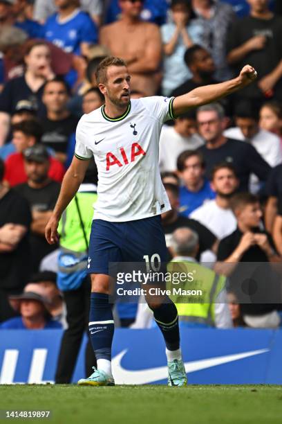 Harry Kane of Tottenham Hotspur celebrates after scoring their sides second goal during the Premier League match between Chelsea FC and Tottenham...