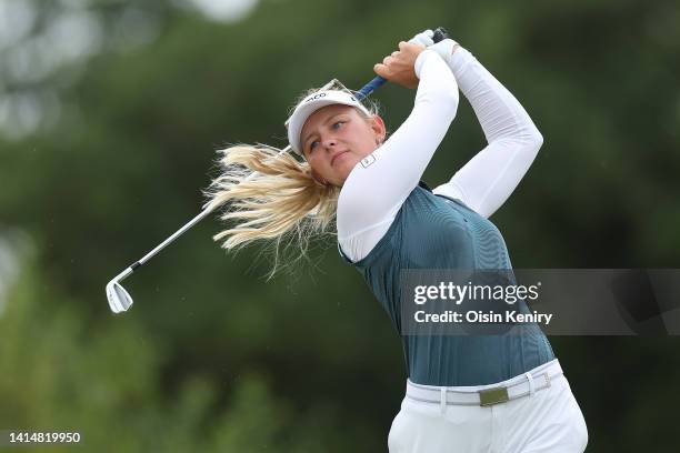 Emily Kristine Pedersen of Denmark tees off on the 14th hole during Day Four of the ISPS Handa World Invitational presented by AVIV Clinics at...