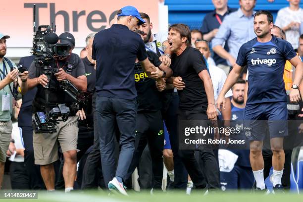 Head Coachs' Antonio Conte of Tottenham Hotspur and Thomas Tuchel of Chelsea had to be pulled apart at the end of their sides 2-2 draw and both...