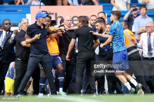 Head Coachs' Antonio Conte of Tottenham Hotspur and Thomas Tuchel of Chelsea had to be pulled apart at the end of their sides 2-2 draw and both...