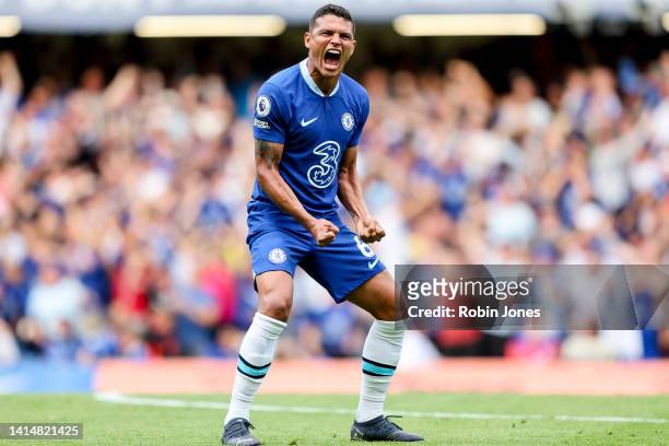 Thiago Silva of Chelsea celebrates after team-mate Reece James scores a goal to make it 2-1 during the Premier League match between Chelsea FC and...