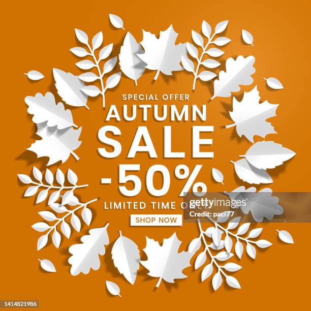 illustrations, cliparts, dessins animés et icônes de vente d’offre spéciale d’automne, avec fond de feuilles d’automne découpées en papier blanc - automne feuilles