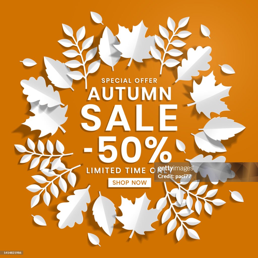 Autumn special offer sale, with white paper cut autumn leaves background